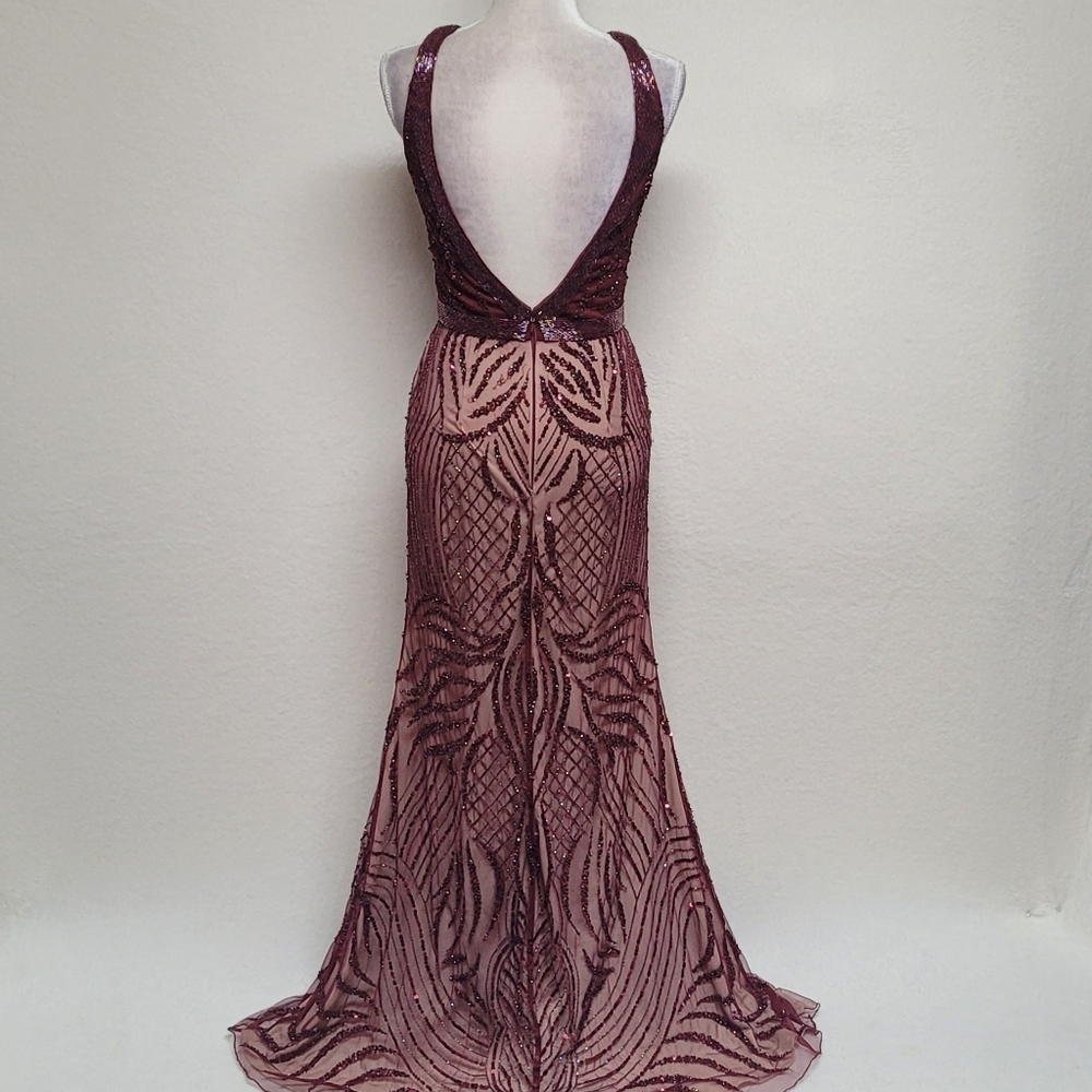Zasa Karishma Creation Burgundy Sequin Beaded Backless Maxi Mermaid Dress 6 - Picture 7 of 11